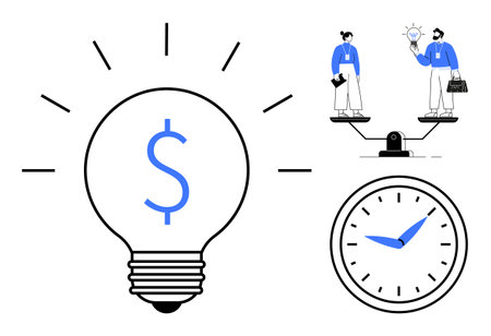 Large lightbulb featuring dollar sign, balancing individuals holding innovation and data, and analog clock. Ideal for finance, innovation, productivity, planning, strategy, teamwork time managementのイラスト素材