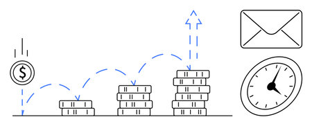 Coin bouncing upwards alongside stacks of coins and upward arrow, symbolizing financial success. Includes clock and envelope. Ideal for finance, time management, investment, business growthのイラスト素材