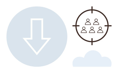 Downward arrow in a blue circle, target focus on people, and a cloud symbol. Ideal for marketing, audience targeting, data storage, communication, business strategy, cloud solutions simple flatのイラスト素材