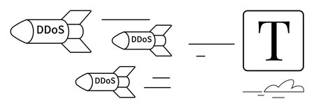 Missiles labeled DDoS approaching target symbolizing a server. Ideal for cybersecurity, data protection, IT strategy, internet risk, cybercrime, hacking, online security. Simple flat metaphorのイラスト素材