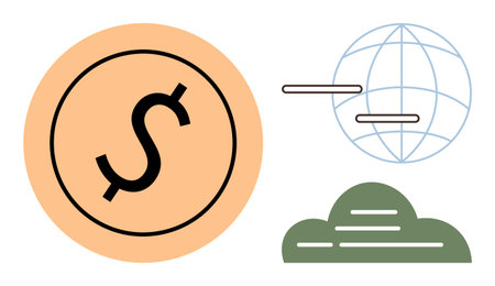 Dollar symbol in a circle, networked globe, and stylized cloud imagery represent global finance, growth, digital economy, technology, communication, trade and sustainability. Simple flat metaphorのイラスト素材