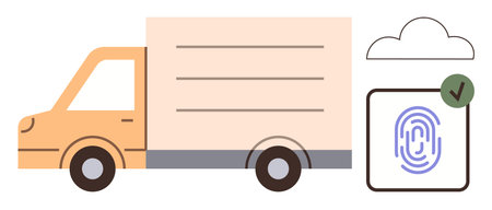Yellow truck, cloud, and fingerprint scan with green checkmark represent secure delivery, cloud storage, and digital authentication. Ideal for logistics, security, technology, business innovationのイラスト素材