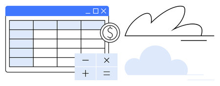 Spreadsheet interface with grid, calculator, and dollar sign representing finance and calculations with cloud elements. Ideal for budgeting, accounting, analysis, planning, remote work, technologyのイラスト素材