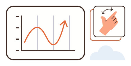 Graph with upward curve, subtle gridlines, hand gesture indicating swipe motion. Ideal for business, data analysis, navigation, presentation, progress tracking, growth visualization simple flatのイラスト素材