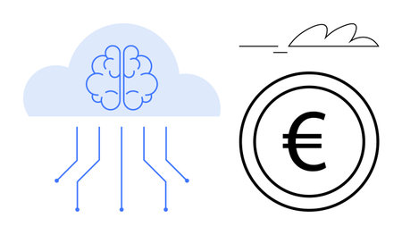 Brain within cloud with connecting lines, digital euro coin, abstract minimalist elements. Ideal for technology, finance, AI, digital currency, cloud computing innovation future concepts. Simpleのイラスト素材