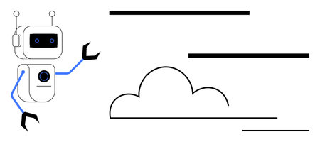 Robot with antennae and claw-thumbs up arms beside a cloud and abstract lines. Ideal for AI, cloud...