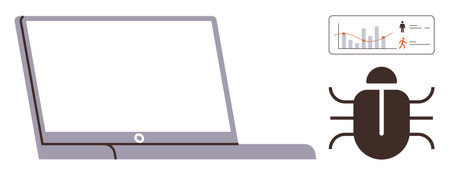 Open laptop with bug icon next to analytics chart illustrating digital security, software testing, data monitoring, error detection, modern technology, risk management, and technical awareness inのイラスト素材