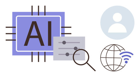 AI chip with circuits, settings under magnifier, user icon, and globe with wireless. Ideal for AI, technology, data analysis, networking innovation user interface automation. Simple flat metaphorのイラスト素材