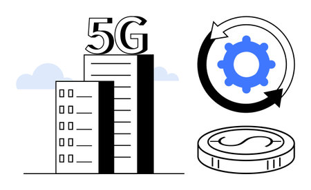 High-rise 5G tower with cloud background, coin, and gear with arrows. Ideal for technology,...