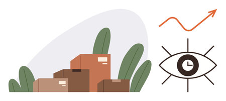 Cardboard boxes stacked near green leaves, eye with clock symbol, upward arrow. Ideal for logistics,...