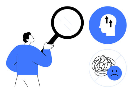 Mental health concept. Mental health ed by a person with a magnifying glass, a head growth, and a...