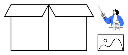 Open cardboard box, teacher holding document with pointer, and minimal landscape artwork. Ideal for education, organization, creativity, innovation, packaging guidance presentation. Simple flatのイラスト素材