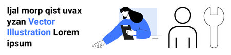 Business tools, management, consulting services, professional guidance, technology, strategy. Woman...