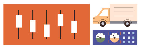 Data analysis chart with candlestick design, delivery truck, and monitoring dashboard with dials and grid interface. Ideal for logistics, analytics, tracking, operations, efficiency, insight simpleのイラスト素材