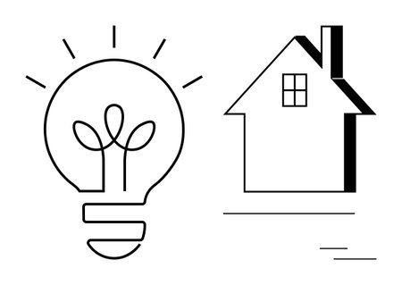 Energy conservation, eco-conscious living, sustainability, renewable energy, green technology, modern housing. Minimalist light bulb with leaves next to a house outline. Energy conservationのイラスト素材