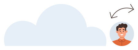 Blue cloud with arrows indicating data transfer near a user avatar. Ideal for cloud computing, data sharing, online storage, digital identity, file synchronization, secure access, simple flatのイラスト素材