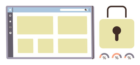 Website browser interface with grid layout alongside a security padlock and performance progress bars. Ideal for cybersecurity, online protection, website management, data privacy, internetのイラスト素材