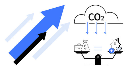 Climate change impact. Climate change illustrated with CO2 emissions, upward arrows warming trends,...