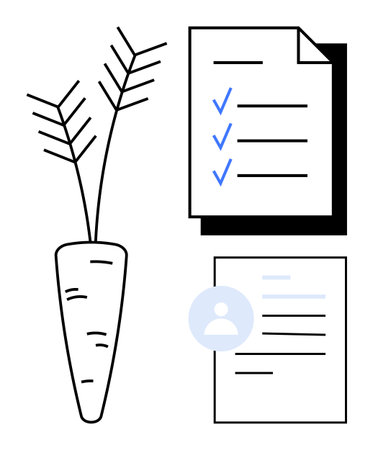 Nutrition, meal planning, personal management, health tracking, diet tracking, profile records. A carrot, checklist with blue checkmarks and document with profile icon. Nutrition and meal planningのイラスト素材
