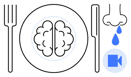 Food science, sensory perception, neuroscience, taste analysis, olfactory research, human senses. Brain symbol on a plate with fork and knife, droplet by a nose and camera icon. Food scienceのイラスト素材