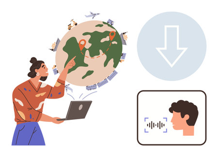 Woman pointing at globe with locations, supported by vehicles and maps, laptop, download arrow, and voice recognition icon. Ideal for global connectivity, technology, logistics, voice command dataのイラスト素材