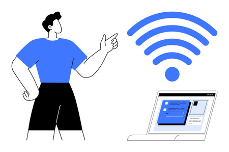 Standing figure points at wireless signal icon next to an open laptop with displayed interface. Ideal for technology, communication, connection, network, remote work, internet, education themesのイラスト素材