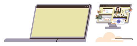Laptop with blank screen next to a monitor displaying a digital workspace featuring documents, a user profile, cloud-based icons, and task tools. Ideal for productivity, remote work, data managementのイラスト素材