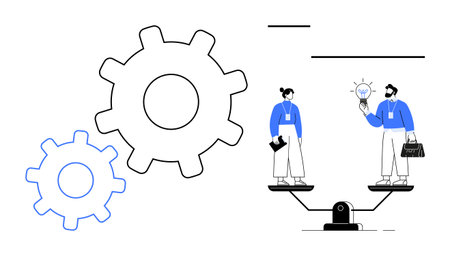 Two professionals on weighing scales, one holding a lightbulb, symbolizing innovation, with industrial gears nearby. Ideal for balance, teamwork, innovation, decision-making, collaborationのイラスト素材