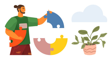 Man placing colorful puzzle piece into a circular puzzle near potted plant and cloud. Ideal for problem-solving, teamwork, gardening, growth, sustainability, harmony, goals. Simple flat metaphorのイラスト素材