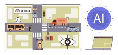 Vehicles, AI-based traffic lights, speed monitoring, cameras, laptop, and sensors in smart city traffic. Ideal for mobility, automation, AI innovation IoT safety urban development simple flatのイラスト素材