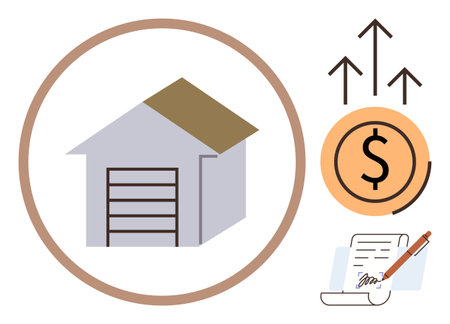House design with financial icon and contract signing visualizes real estate growth and investment. Ideal for housing market, property sales, rental business, financial planning, legal documentationのイラスト素材