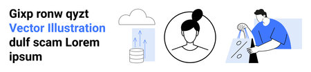 Cloud computing, data management, e-commerce, user identity, technology solutions, workplace. A cloud, database user profile and shopping scene. Cloud computing and data management conceptのイラスト素材