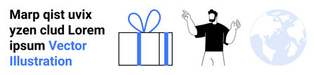 Gifting, global trade, online shopping, celebration, business marketing, communication. Includes a gift box, a gesturing man and a globe icon. Gifting and global trade conceptsのイラスト素材
