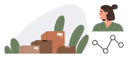 Woman in green shirt glancing at stacked boxes, surrounded by abstract plants and a data flow...