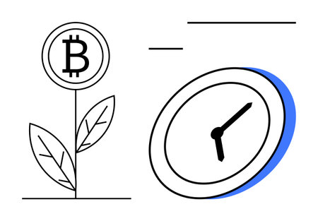 Bitcoin coin growing as a plant alongside a minimalistic clock emphasizing time. Ideal for cryptocurrency, investment, growth, time management, blockchain, savings, futuristic economy. Simple flatのイラスト素材