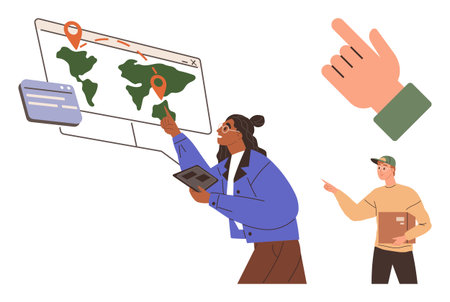 Person pointing at a world map with location markers, holding a tablet. Another individual holds a package, emphasizing teamwork, planning, and global delivery. Ideal for logistics, teamworkのイラスト素材