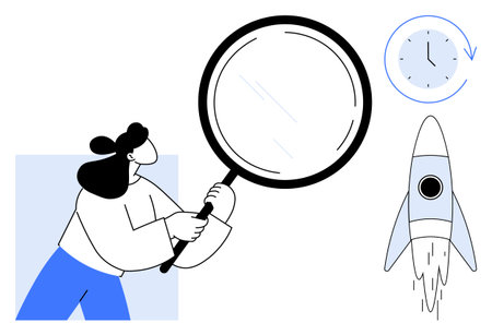 Woman holding magnifying glass, observing closely. Rocket symbolizes innovation, and clock suggests time efficiency. Ideal for research, focus, planning, productivity, innovation explorationのイラスト素材
