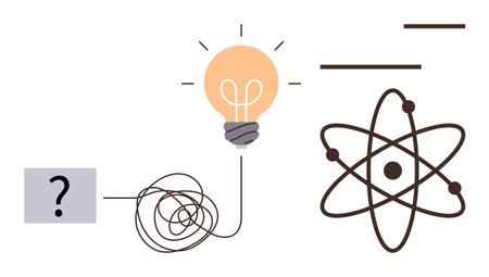 Tangled line connecting question mark to glowing light bulb and atom structure, symbolizing...