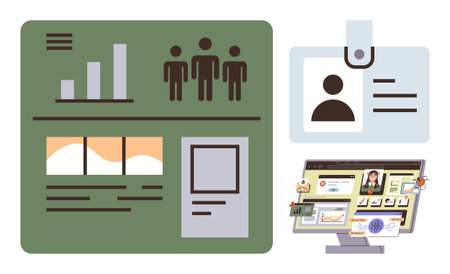 Dashboard with charts and user data, clip-on ID badge, desktop screen with user profiles and...