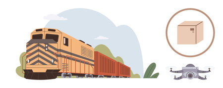 Freight train moving cargo, quadcopter flying for delivery, and parcel highlight advancements in shipping and logistics. Ideal for transport, innovation, e-commerce, supply chain, speed, efficiencyのイラスト素材