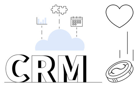 CRM text with cloud, puzzle connection, calendar, graph, coin, heart icons representing efficiency, analytics, customer relationship loyalty. Ideal for workflow analytics marketing automationのイラスト素材
