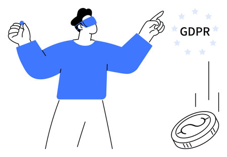Man in VR headset gesturing with hand near GDPR and a falling coin. Ideal for data privacy, compliance, technology, cyber security, virtual reality, finance, and legal awareness. Simple flat metaphorのイラスト素材