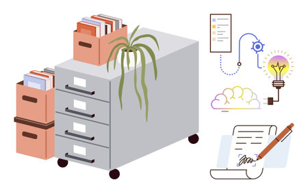 Filing cabinets, stacked folders, potted plant, signed document, collaboration flowchart, lightbulb icon, teamwork brainstorming. Ideal for organization, productivity workflow office managementのイラスト素材
