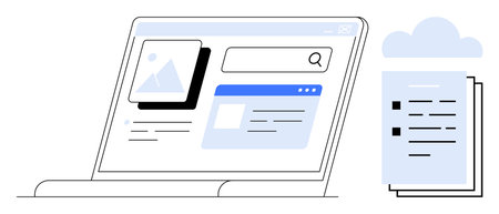Open laptop with UI elements featuring document search, image preview, and file list beside cloud storage icon. Ideal for cloud technology, file sharing, productivity, workflow, digital organizationのイラスト素材