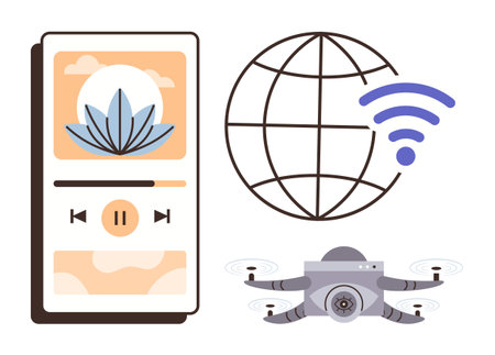 Smartphone media player, interconnected global network, and quadcopter with camera. Ideal for...