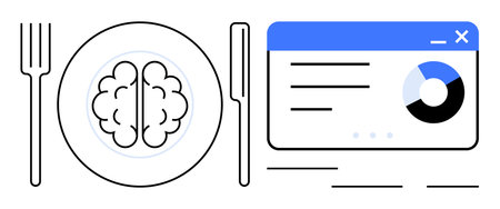 Fork and knife beside plate featuring brain, paired with a data dashboard. Ideal for education, learning, knowledge, data analysis, nutrition of mind, personal growth, simple flat metaphorのイラスト素材