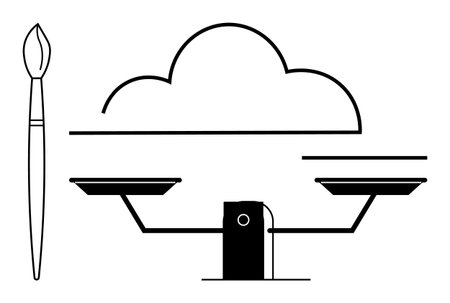 Creativity, innovation, balance, artistic contribution, cloud storage, equality. A cloud, a balance scale and a paintbrush. Creativity and innovation concept combining art and equilibriumのイラスト素材