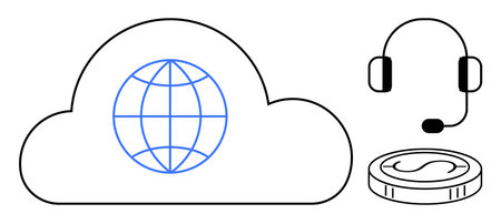 Cloud with globe icon, headset, and coin represent global connectivity, customer service, and...