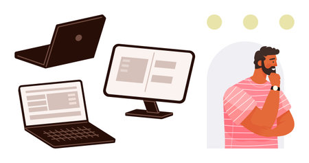 Various laptops and a desktop computer screen with interface designs, next to a thoughtful man....