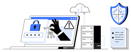 Hacker hand snatching keys from a locked screen with a security warning, data servers, cloud...